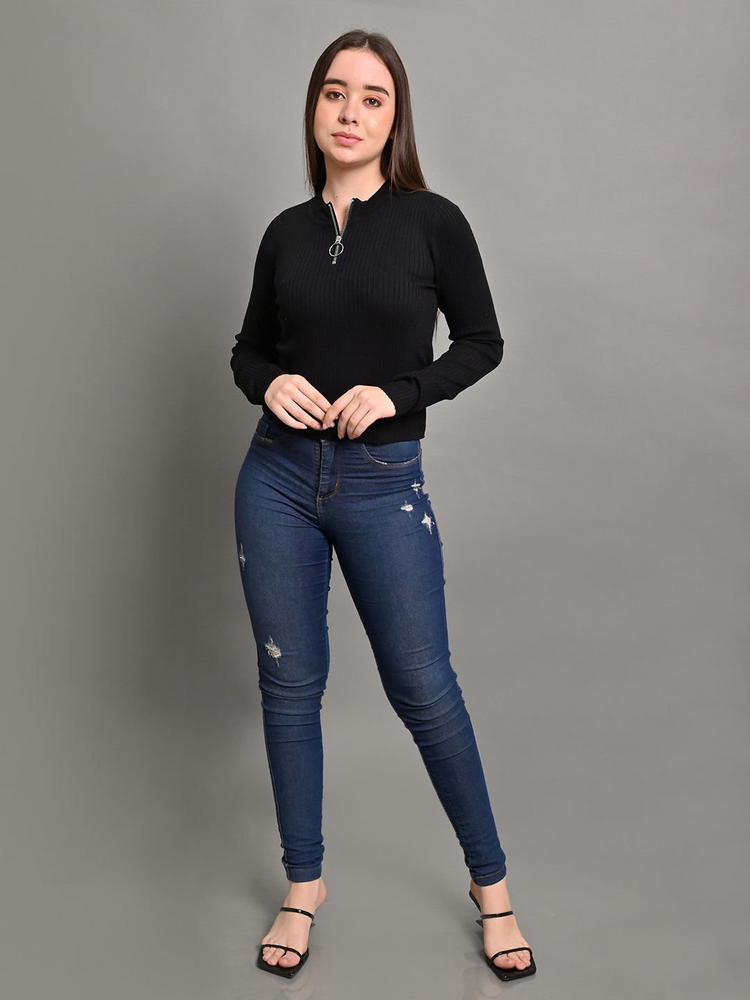 Viscose Full Sleeve Zipper Black Sweater