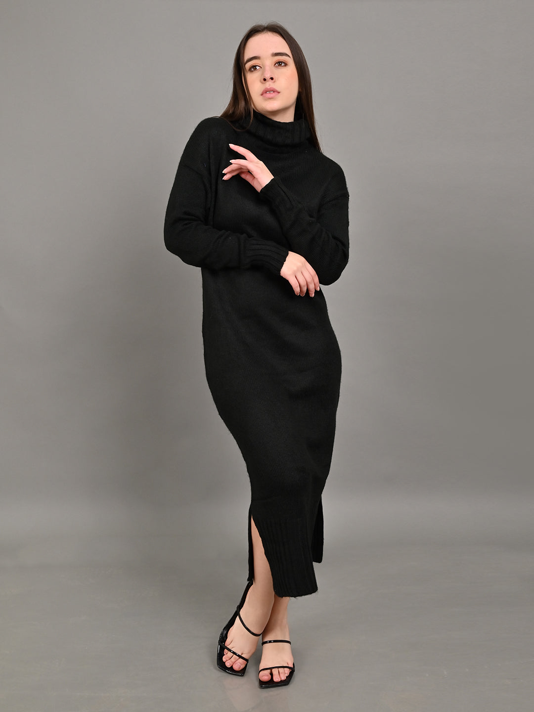 NoBarr Women's Acrylic Black High Neck Sweater Dress