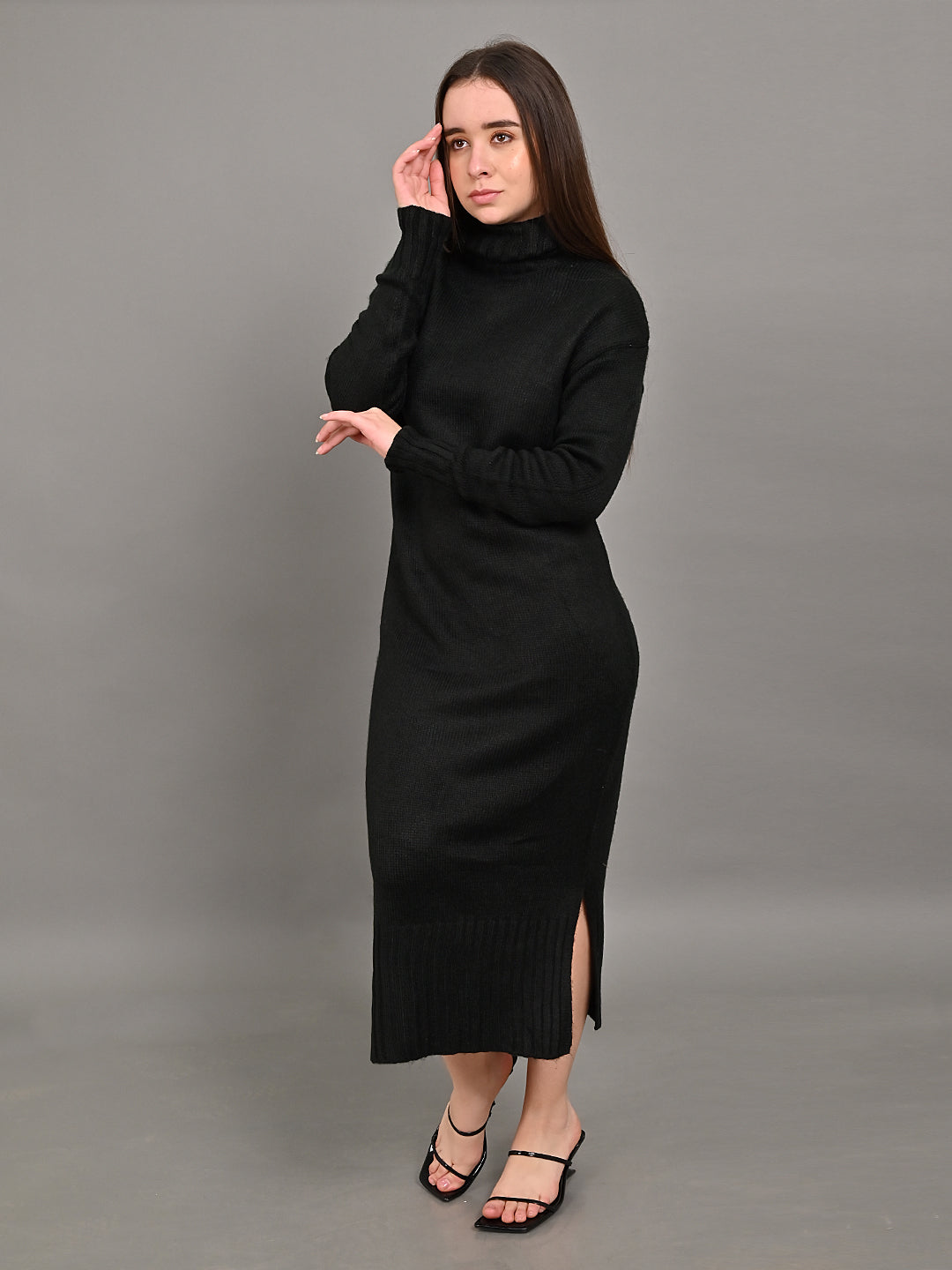 NoBarr Women's Acrylic Black High Neck Sweater Dress