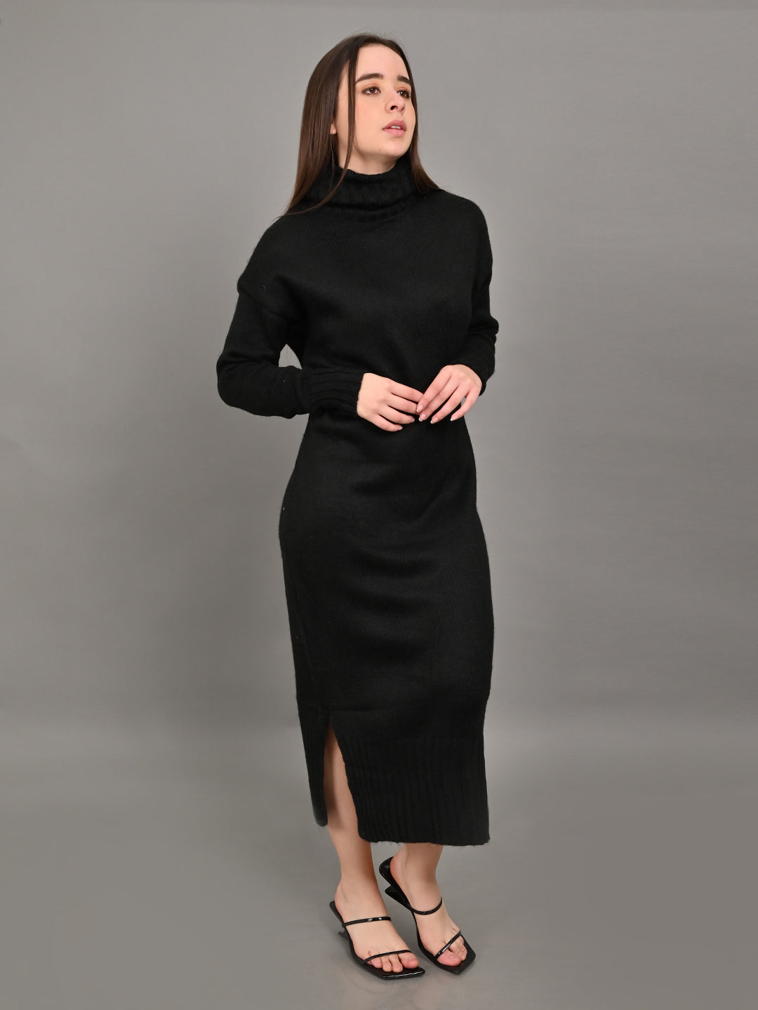 NoBarr Women's Acrylic Black High Neck Sweater Dress