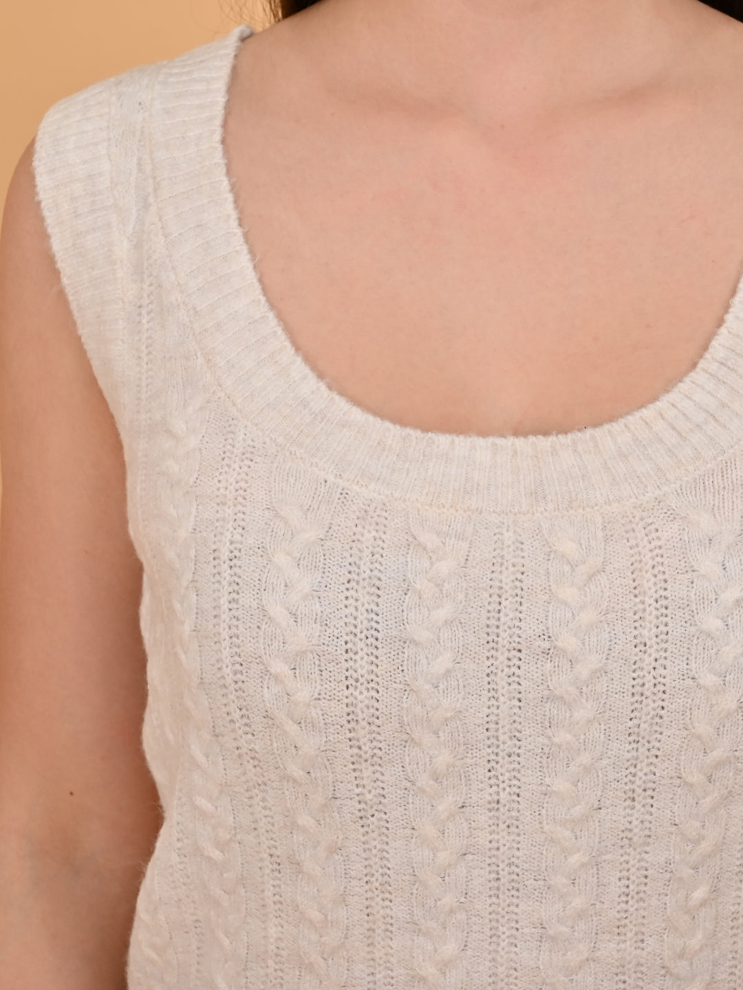 Polyester Round Neck with Sleeveless White Knit Sweater