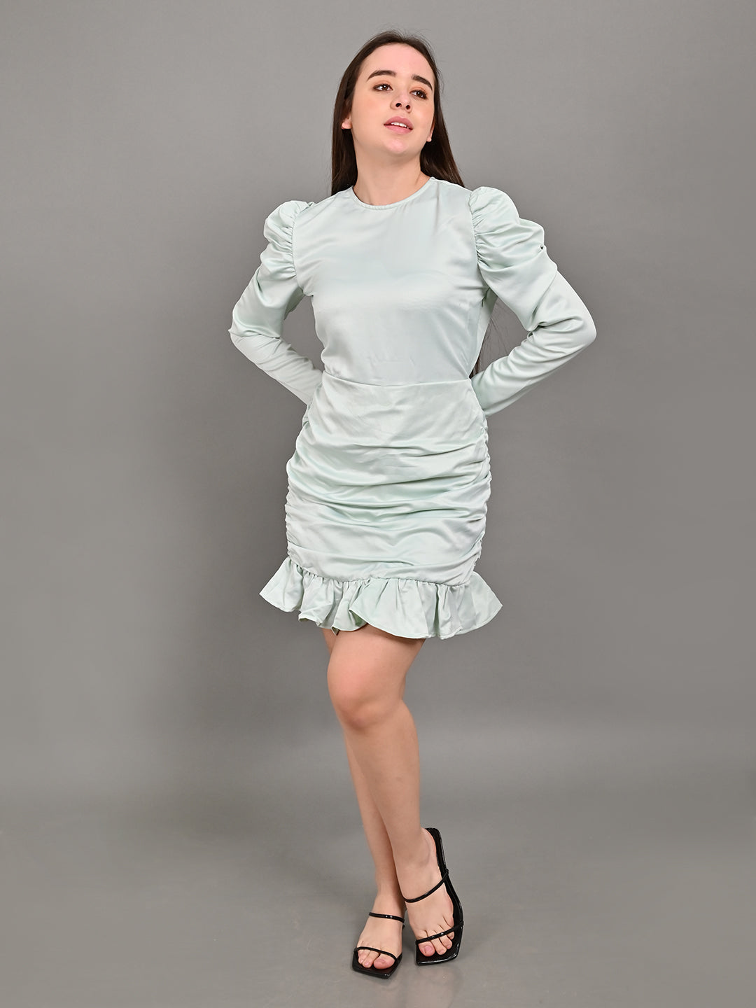 Polyester Full Sleeve Light Green Skater Satin Frilled Dress