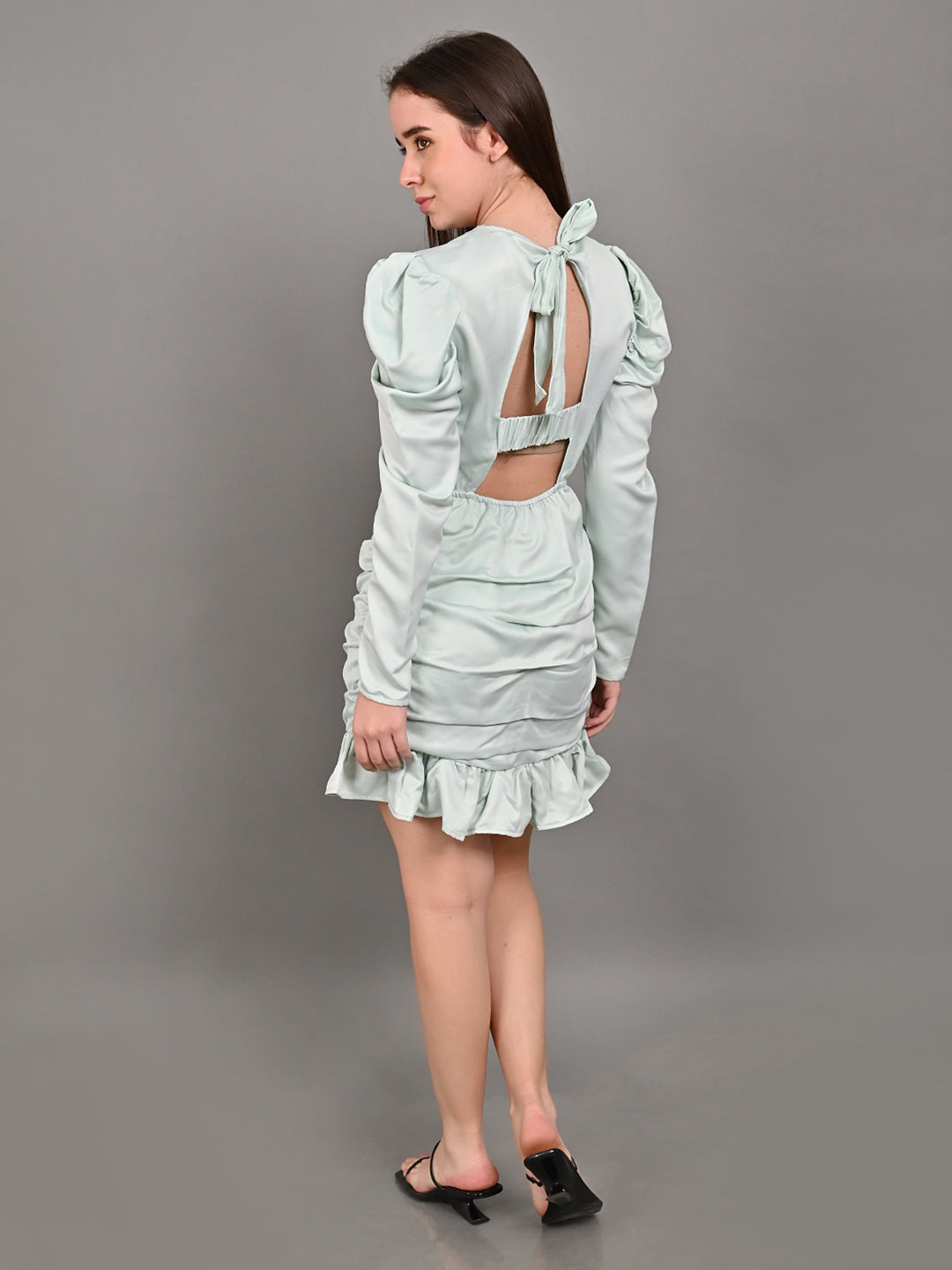 Polyester Full Sleeve Light Green Skater Satin Frilled Dress