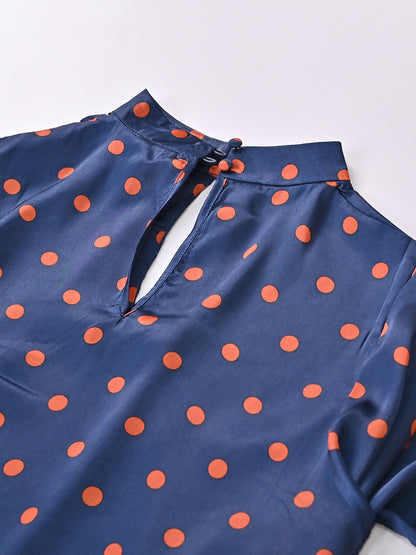 Polyester Deep Navy Polka Dots Crepe V Neck Top