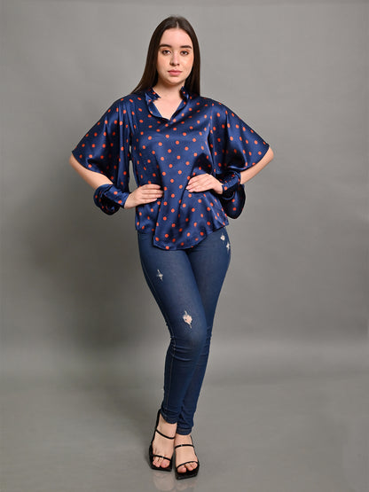 Polyester Deep Navy Polka Dots Crepe V Neck Top