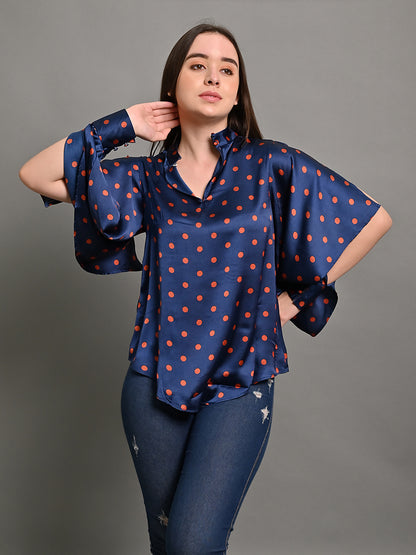 Polyester Deep Navy Polka Dots Crepe V Neck Top