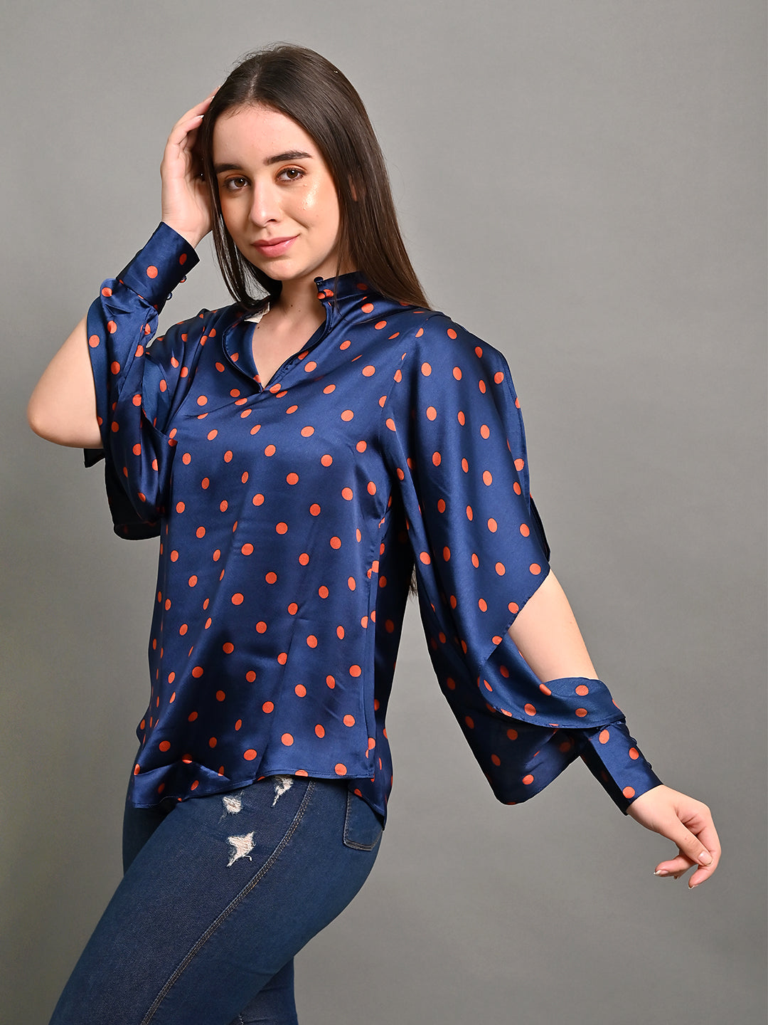 Polyester Deep Navy Polka Dots Crepe V Neck Top