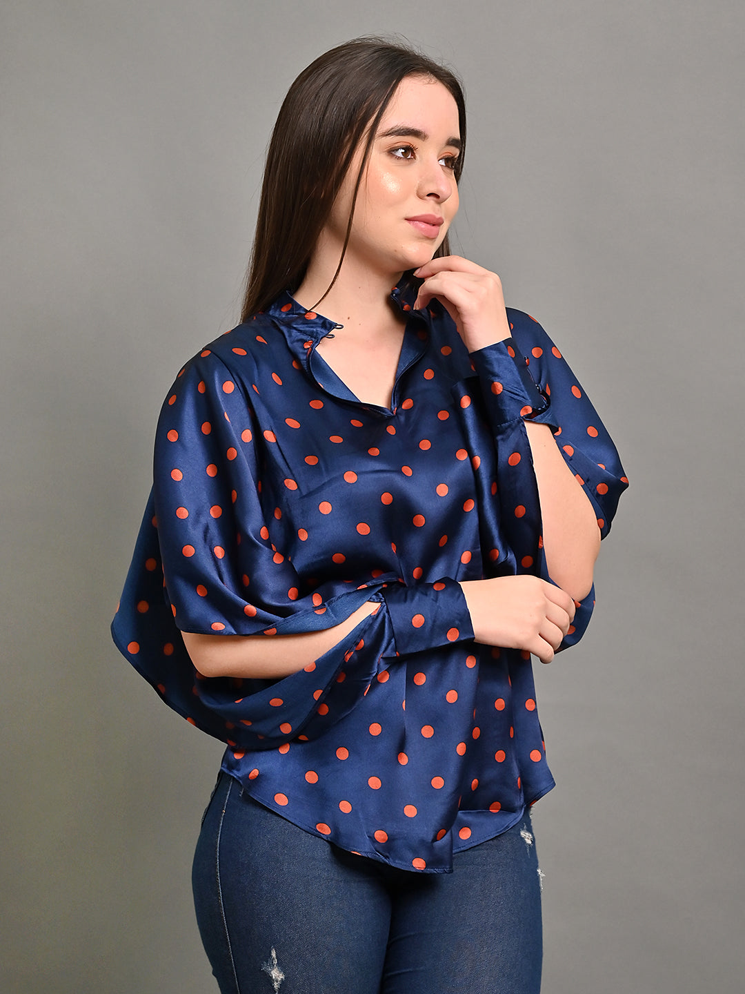 Polyester Deep Navy Polka Dots Crepe V Neck Top