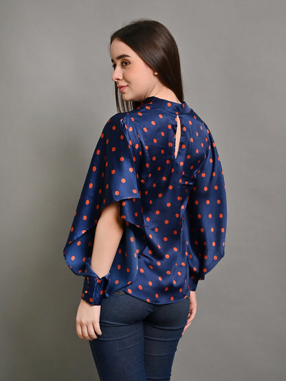 Polyester Deep Navy Polka Dots Crepe V Neck Top