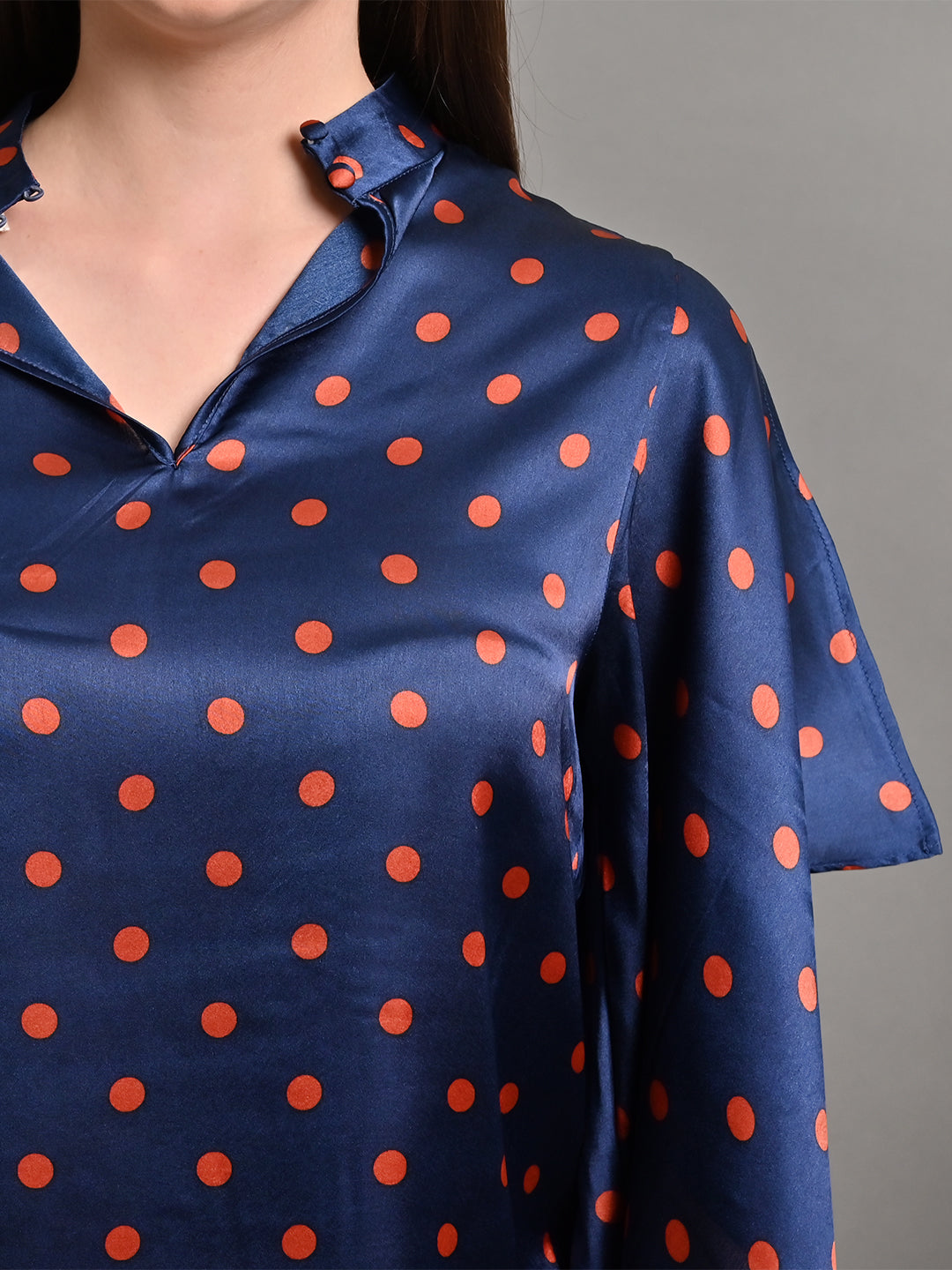 Polyester Deep Navy Polka Dots Crepe V Neck Top