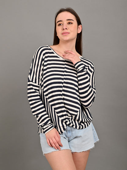 Full Sleeve with Round Neck Striped Black Top