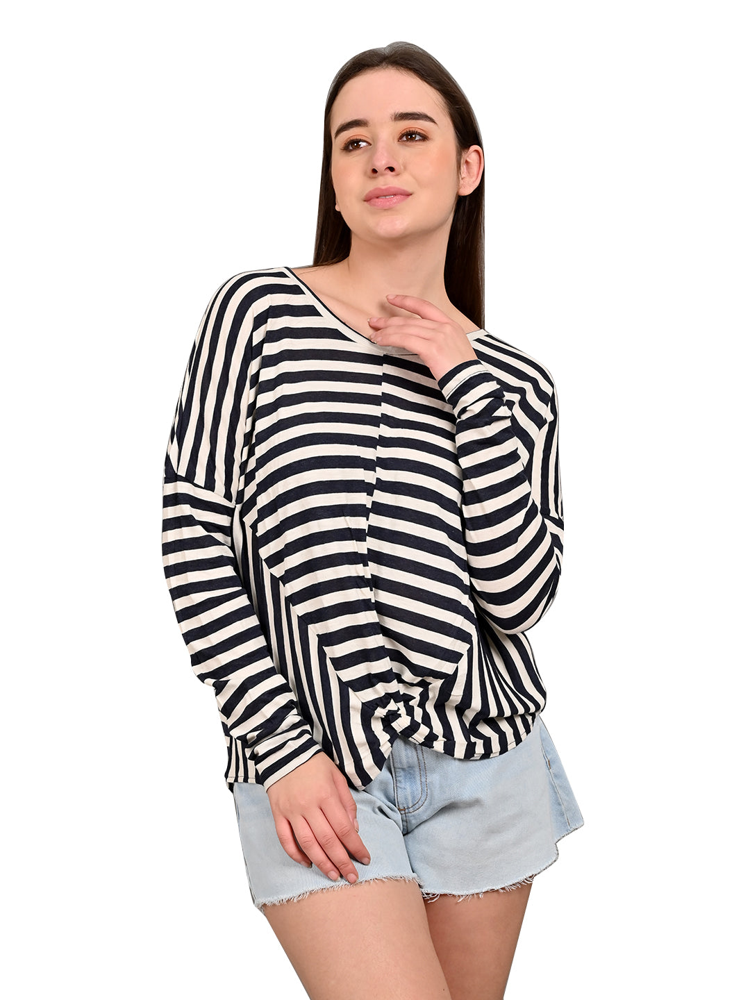 Full Sleeve with Round Neck Striped Black Top