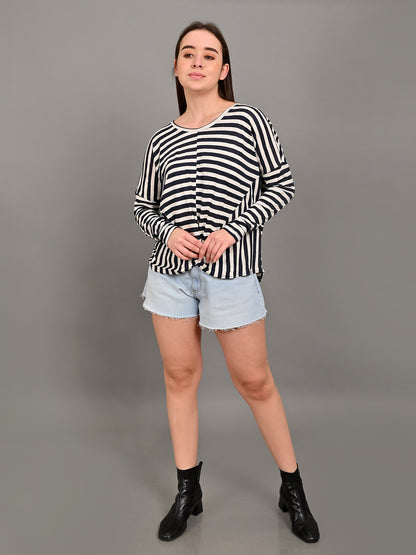 Full Sleeve with Round Neck Striped Black Top