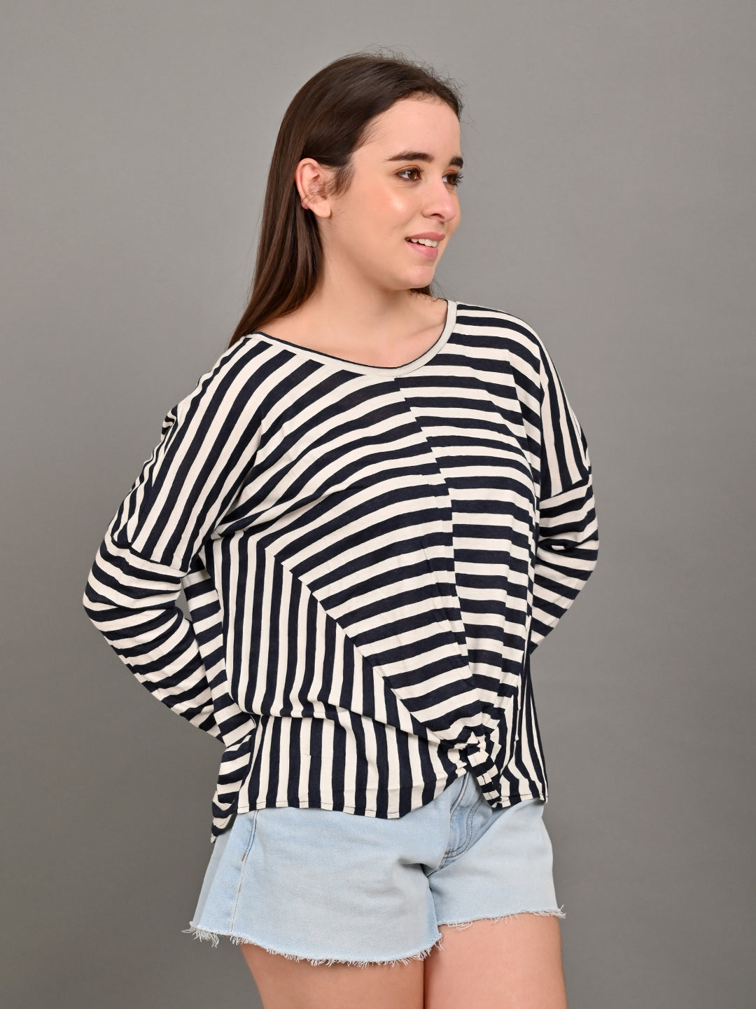 Full Sleeve with Round Neck Striped Black Top