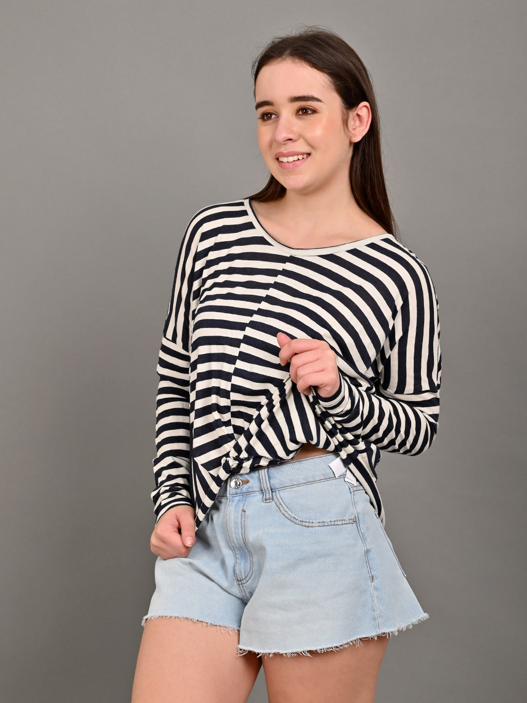 Full Sleeve with Round Neck Striped Black Top