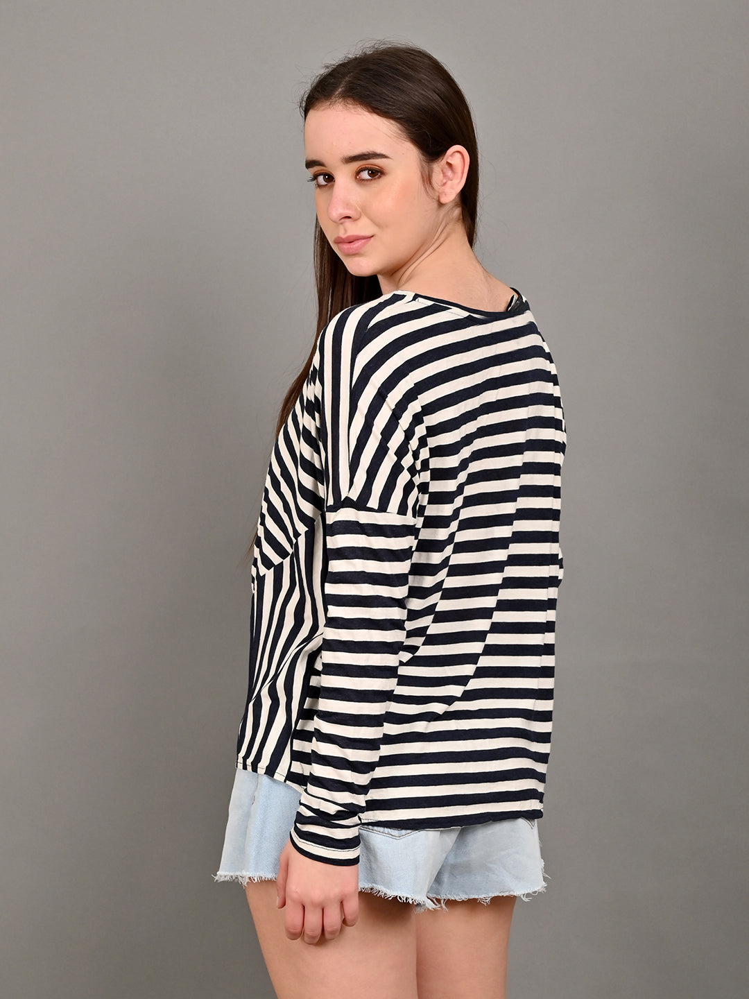 Full Sleeve with Round Neck Striped Black Top