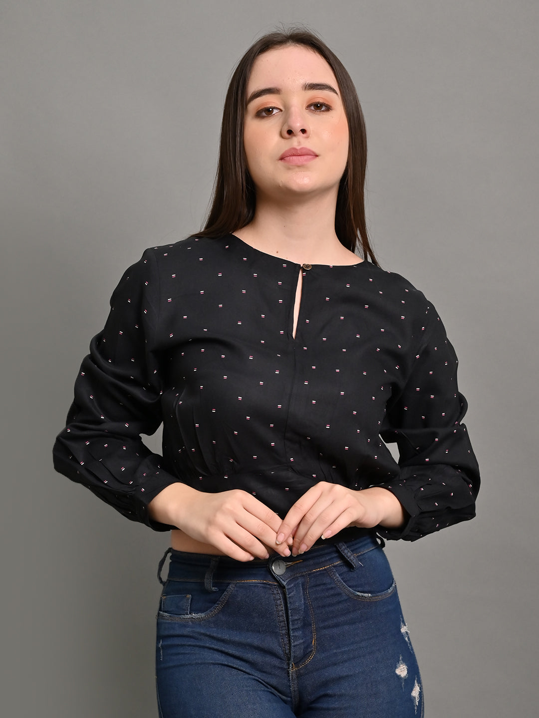 Full Sleeve with Round Neck Printed Black Top