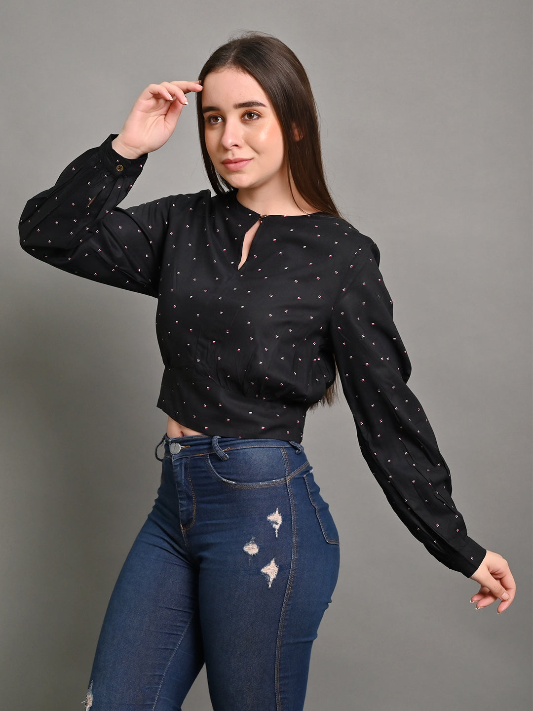 Full Sleeve with Round Neck Printed Black Top