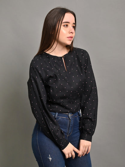 Full Sleeve with Round Neck Printed Black Top