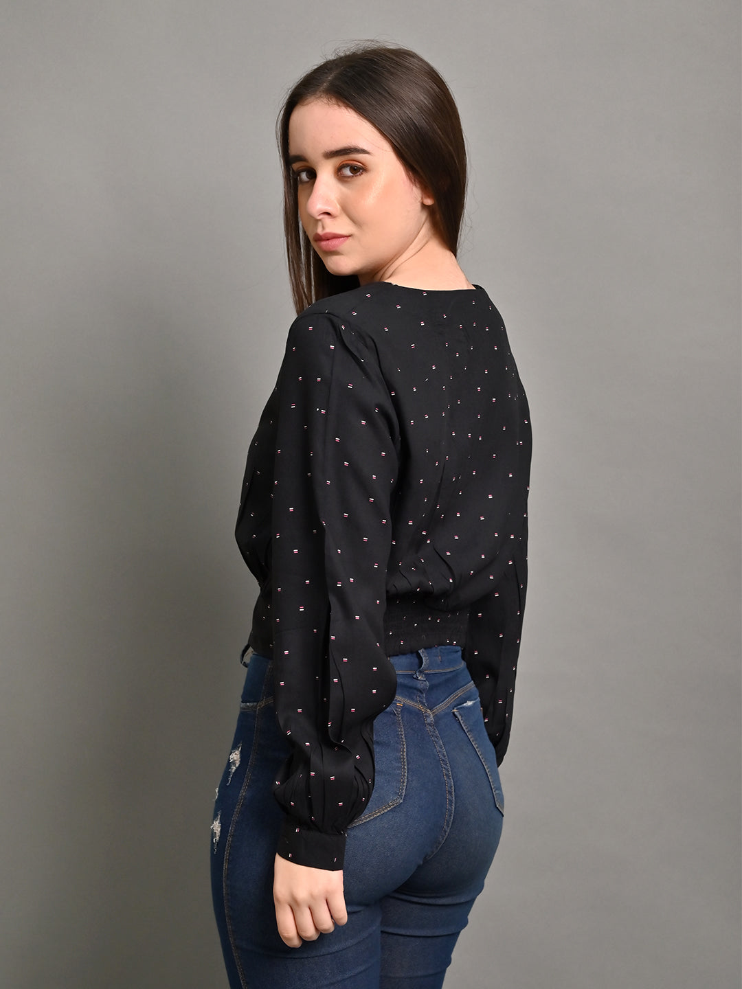 Full Sleeve with Round Neck Printed Black Top