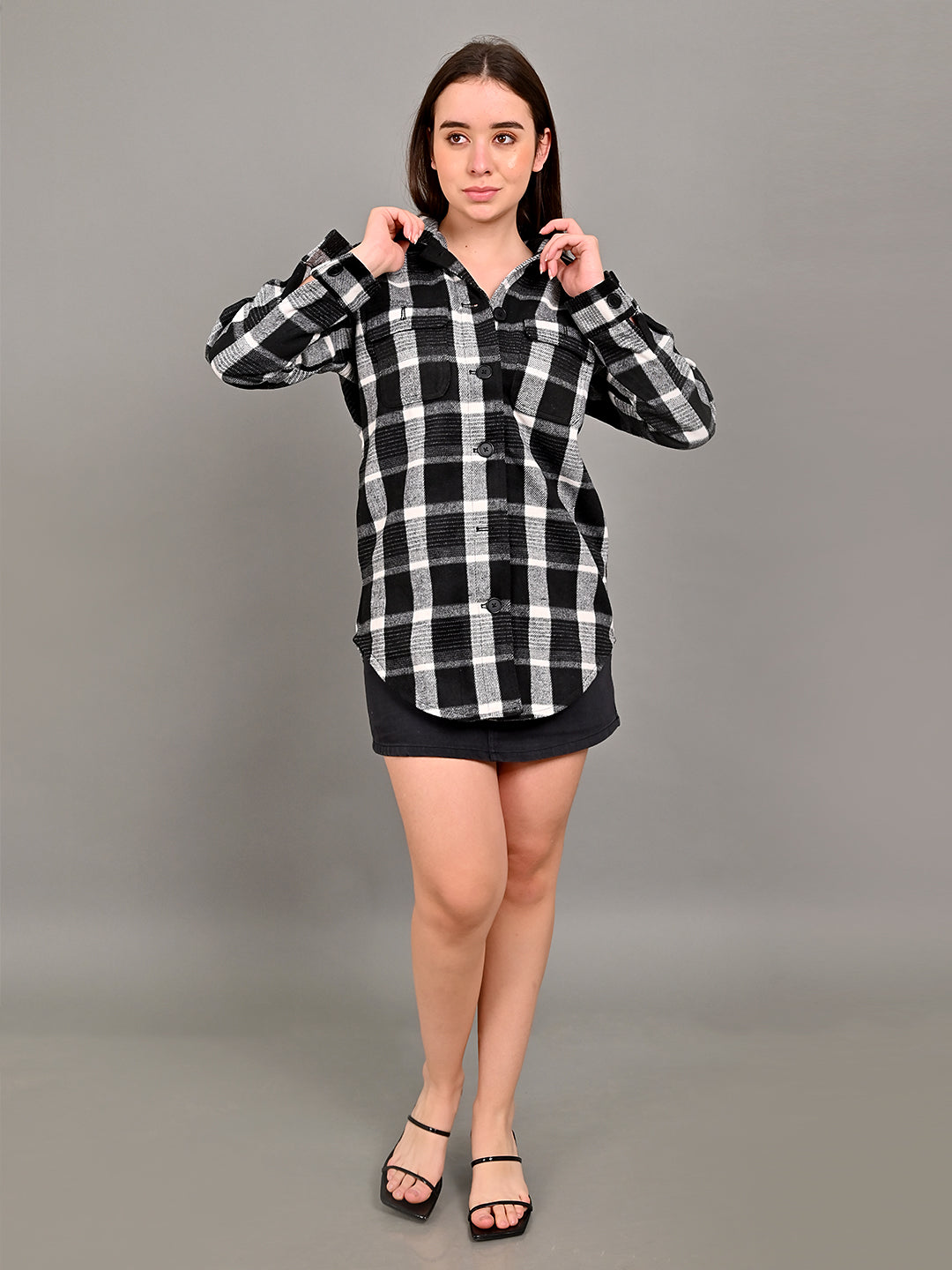 Polyester Full Sleeve with Shirt Collar winter wears Checked Black Shirt