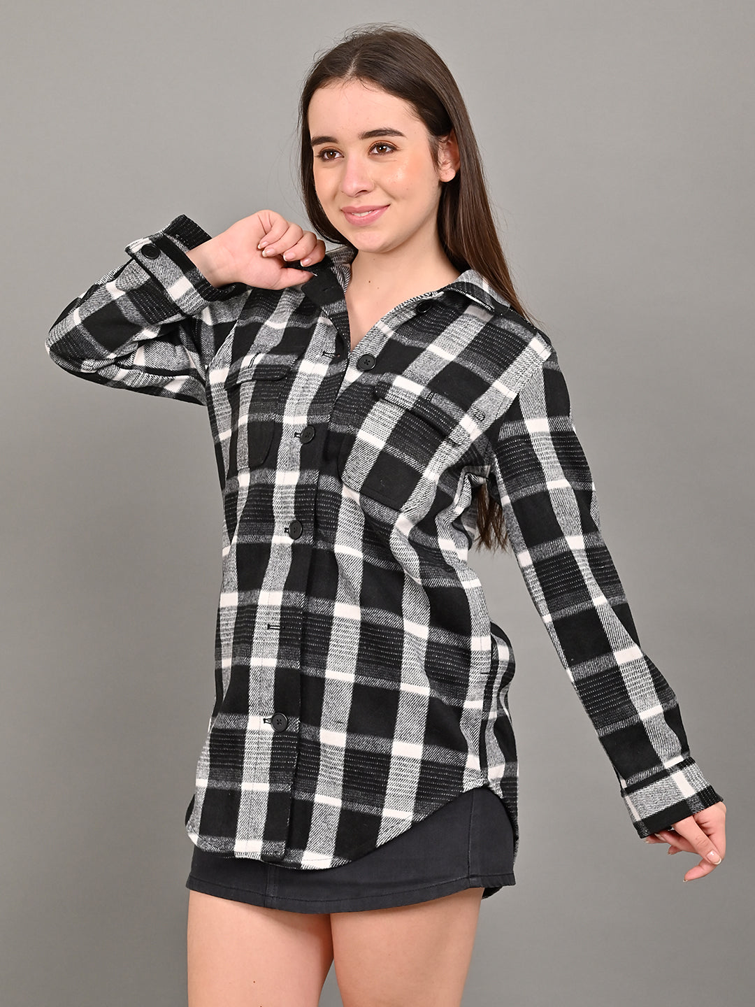 Polyester Full Sleeve with Shirt Collar winter wears Checked Black Shirt