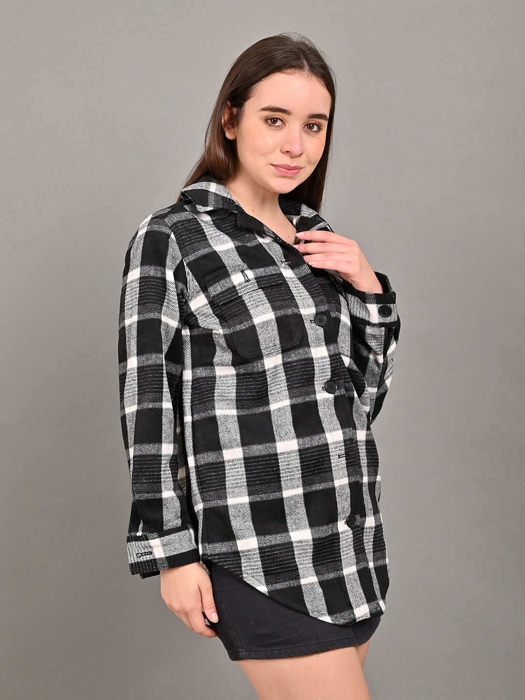 Polyester Full Sleeve with Shirt Collar winter wears Checked Black Shirt