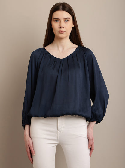 Polyester Round Neck with Lantern Sleeve Blue Top