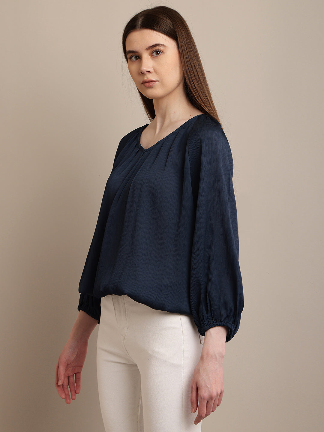 Polyester Round Neck with Lantern Sleeve Blue Top