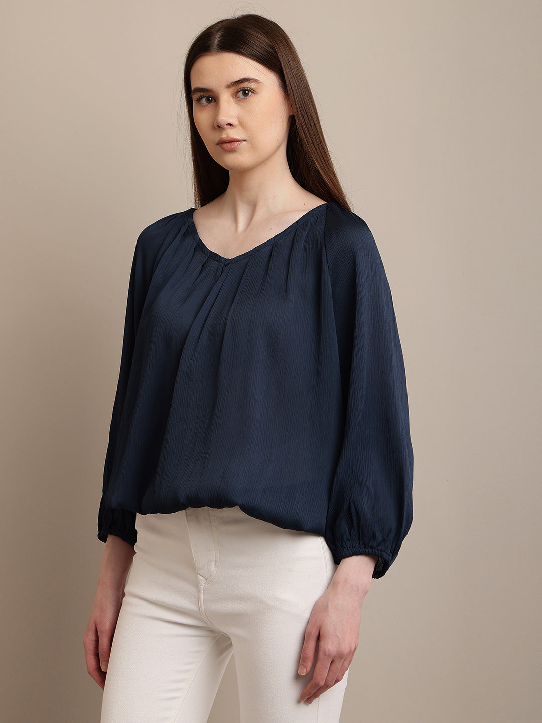 Polyester Round Neck with Lantern Sleeve Blue Top