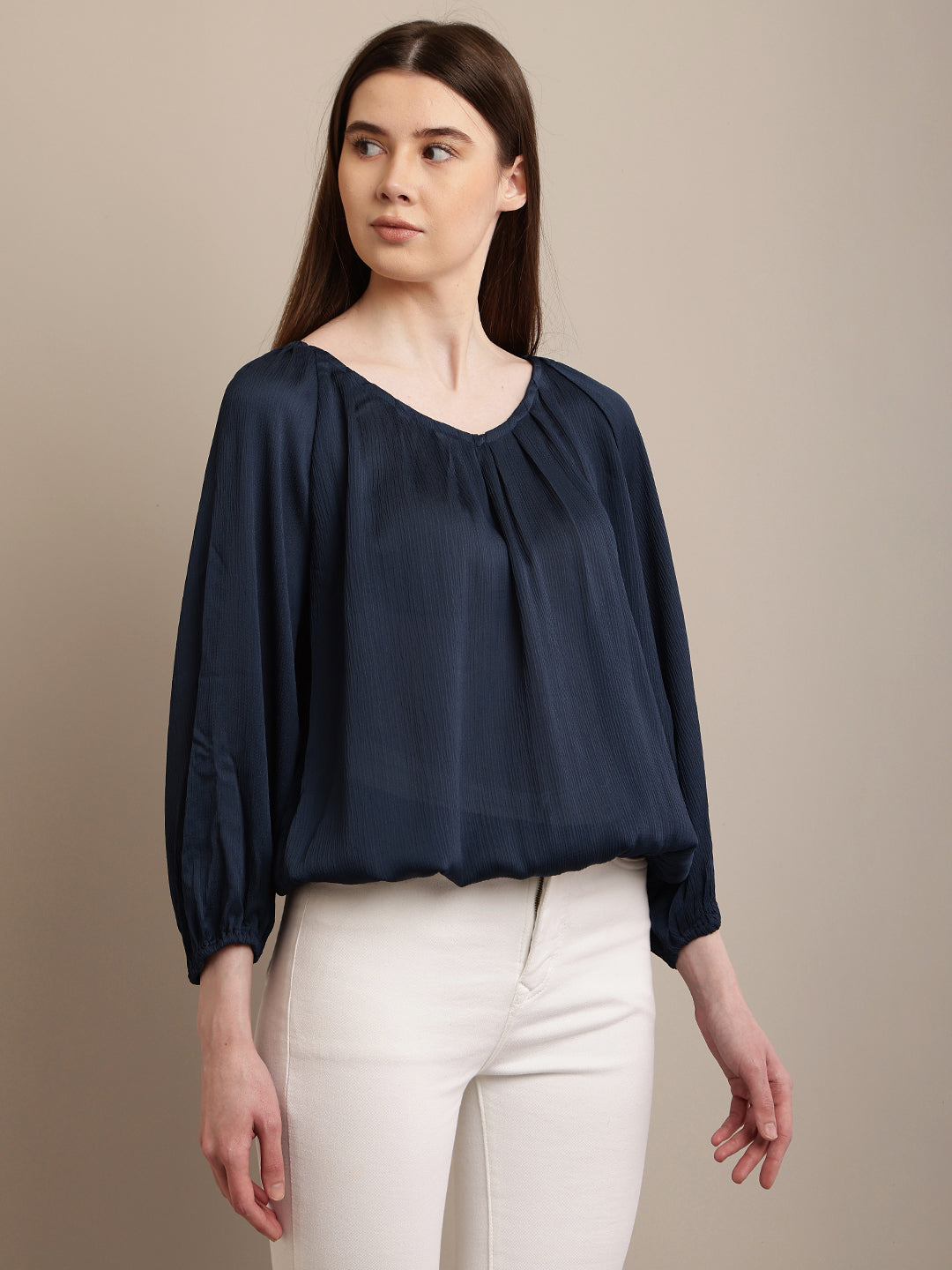 Polyester Round Neck with Lantern Sleeve Blue Top