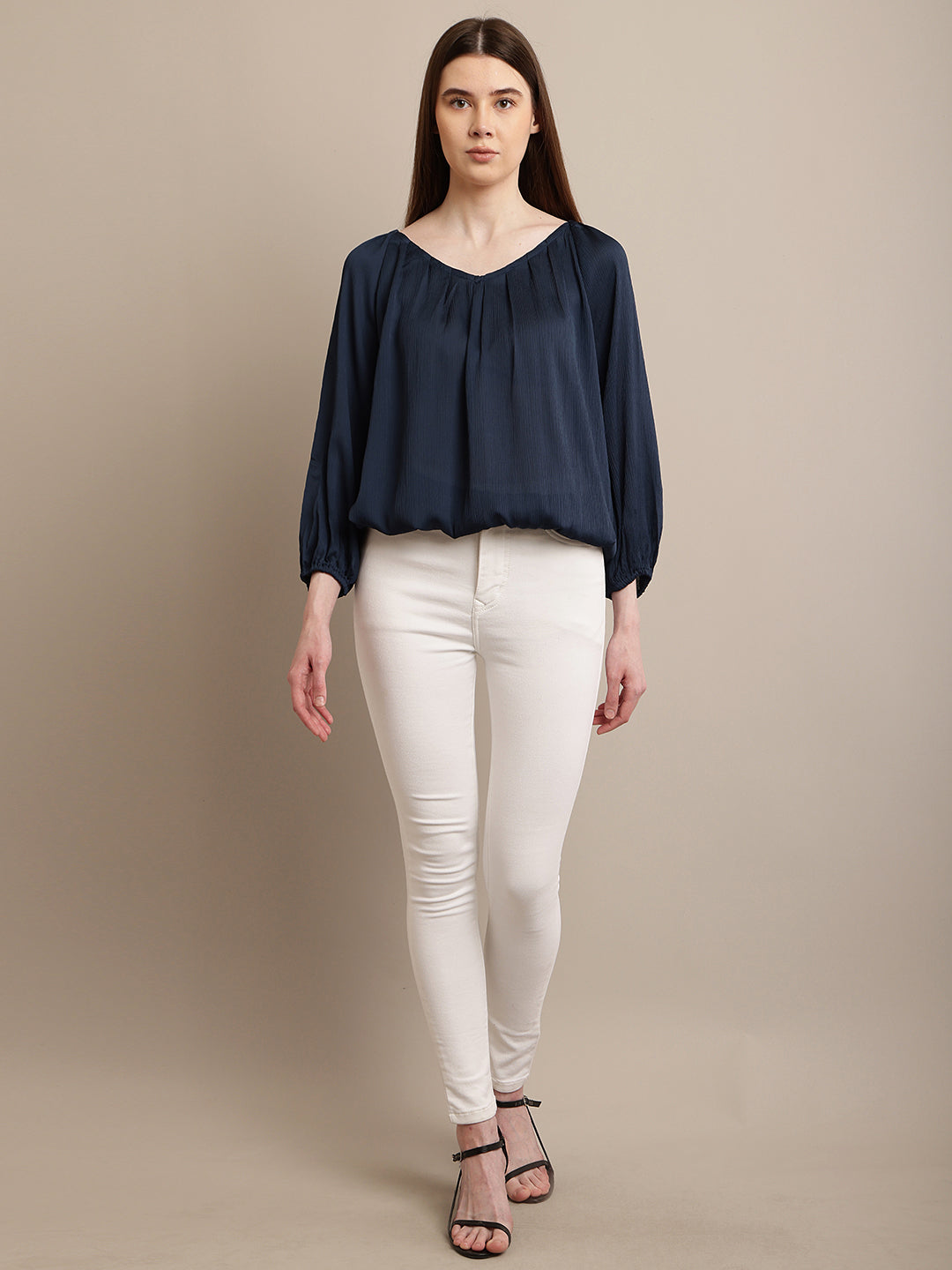 Polyester Round Neck with Lantern Sleeve Blue Top