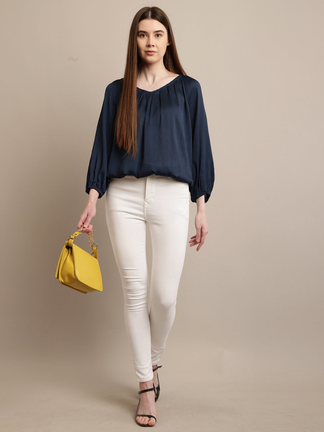 Polyester Round Neck with Lantern Sleeve Blue Top