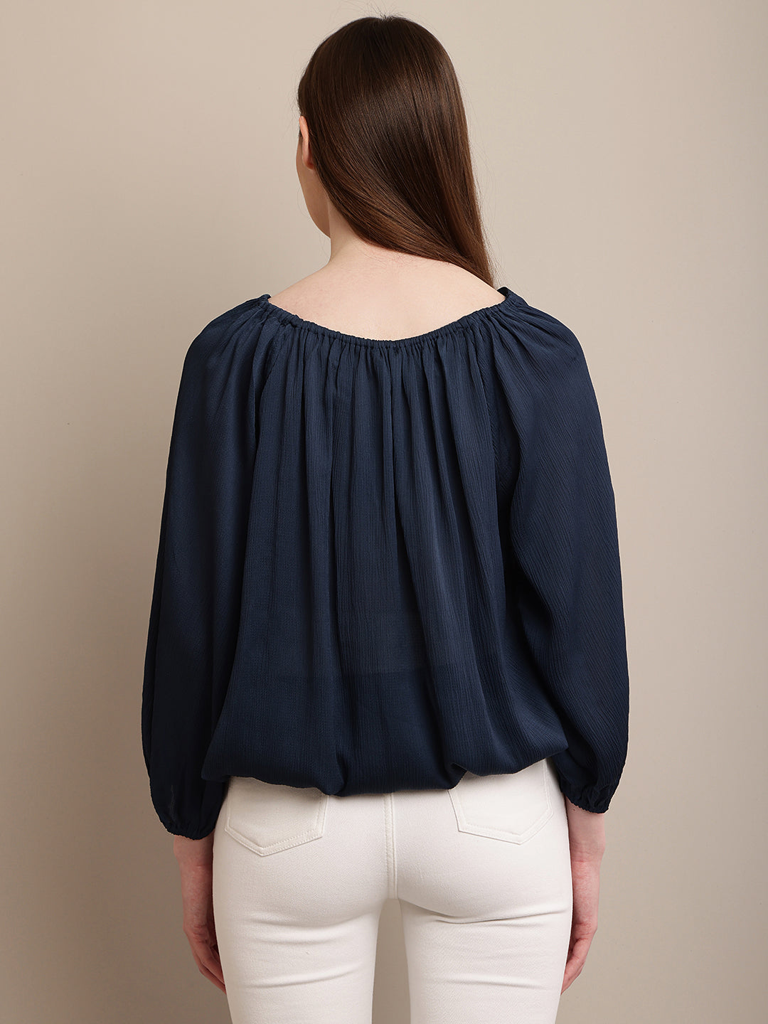 Polyester Round Neck with Lantern Sleeve Blue Top