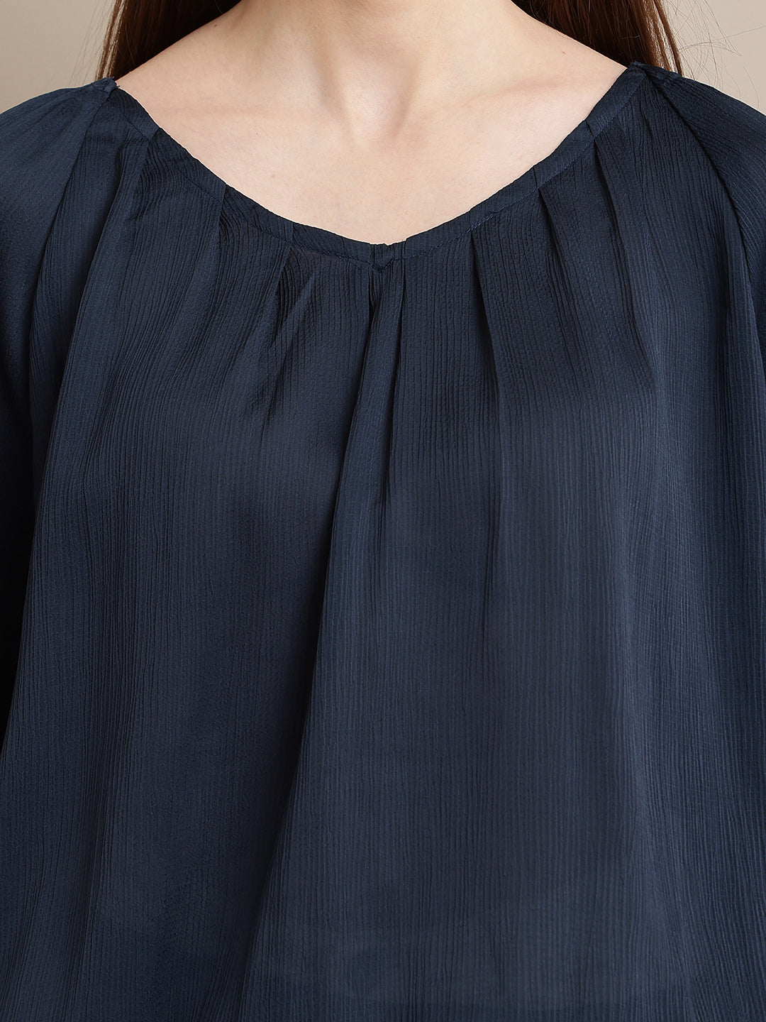 Polyester Round Neck with Lantern Sleeve Blue Top