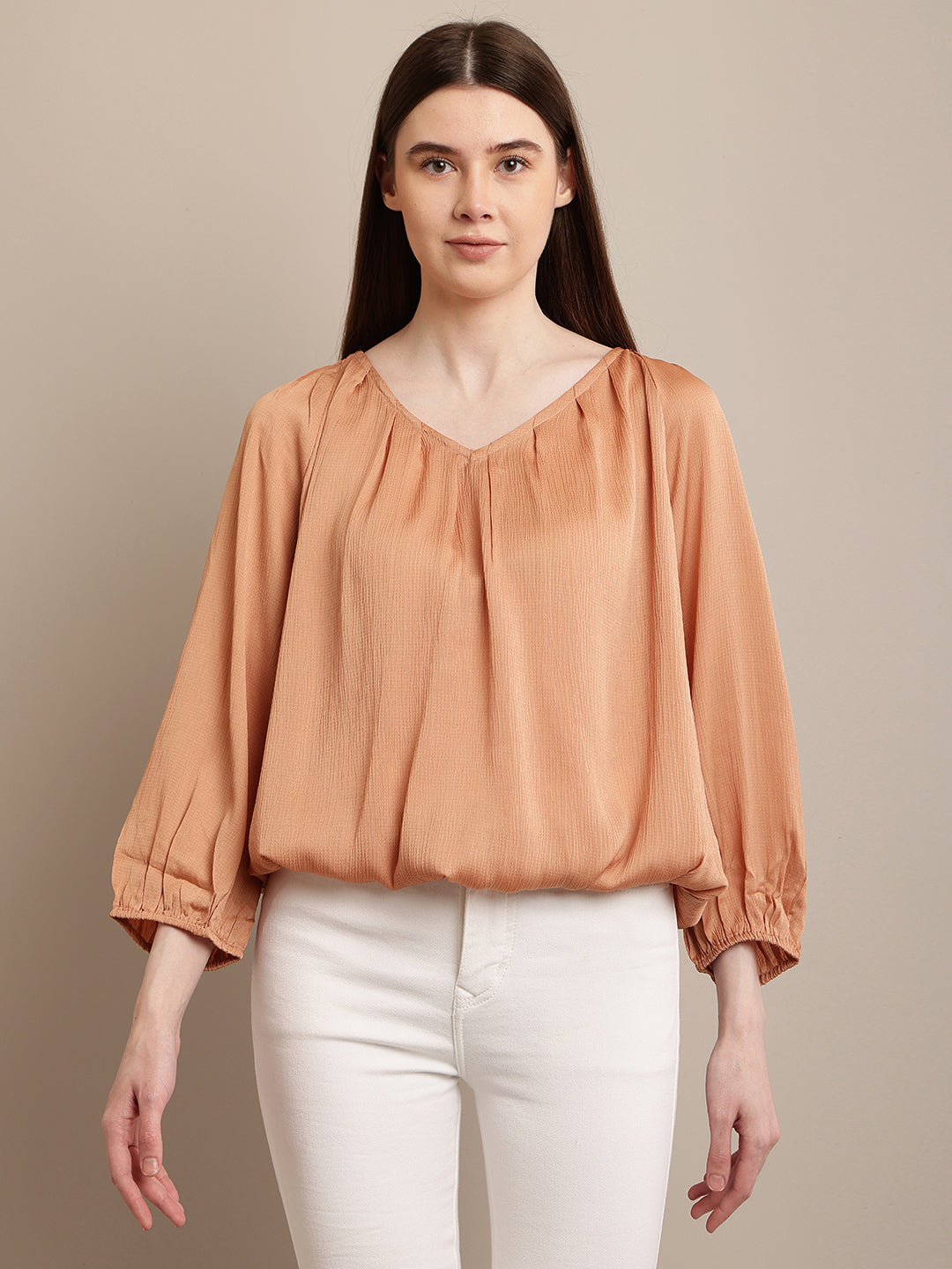 Polyester Round Neck with Lantern Sleeve Orange Top