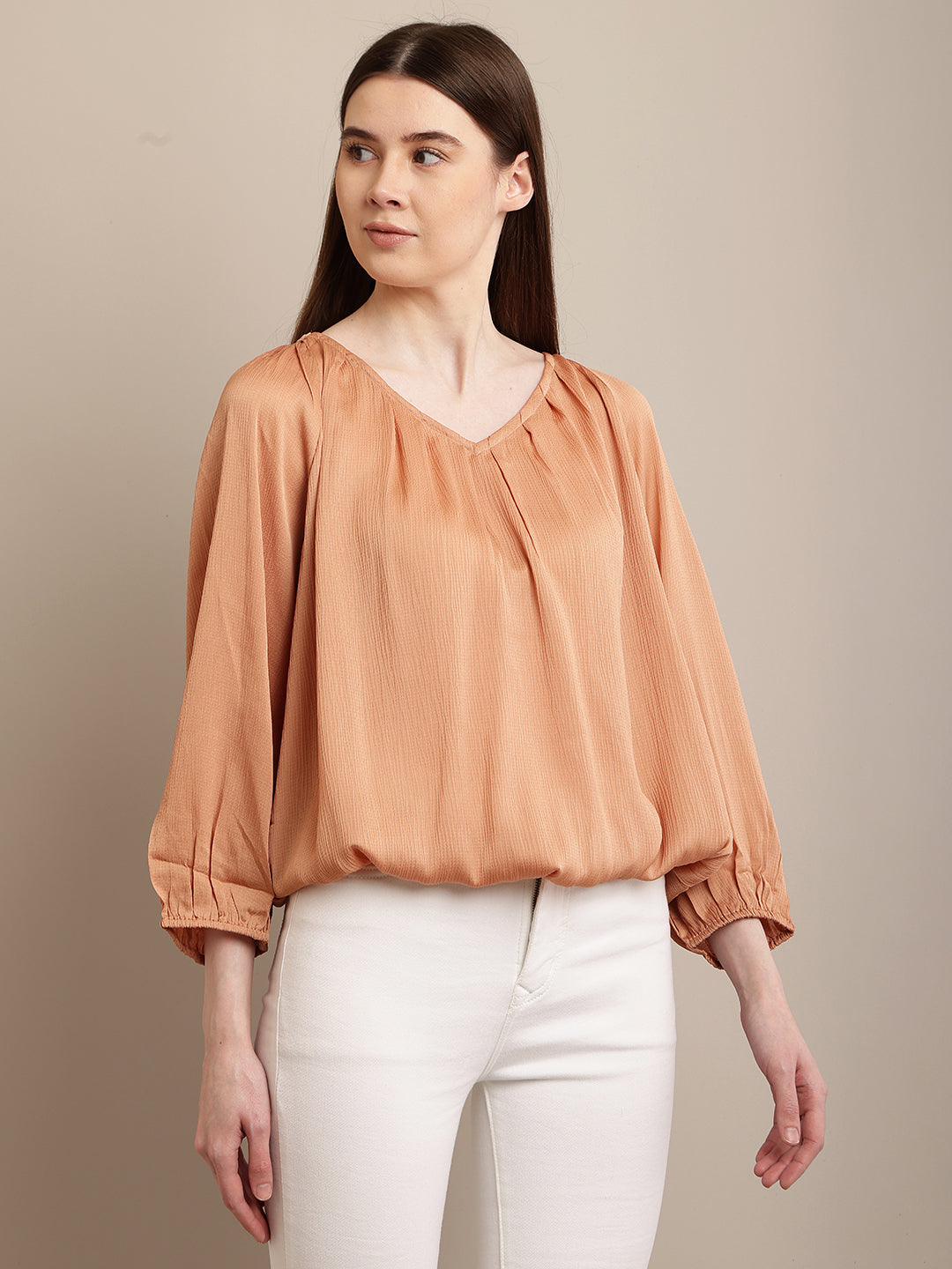 Polyester Round Neck with Lantern Sleeve Orange Top