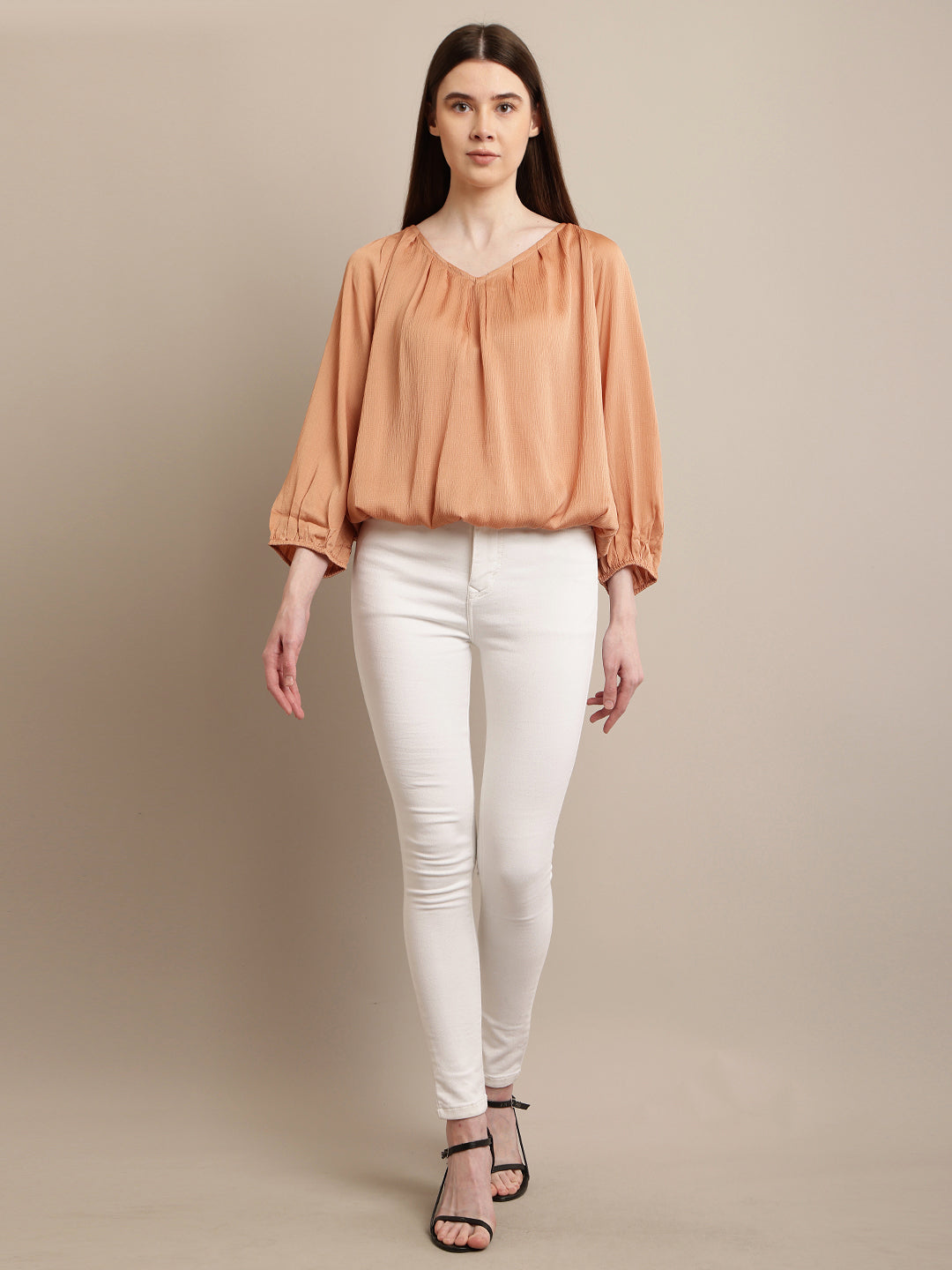 Polyester Round Neck with Lantern Sleeve Orange Top