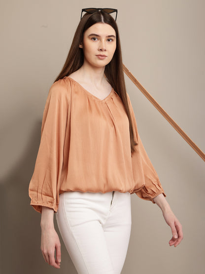 Polyester Round Neck with Lantern Sleeve Orange Top