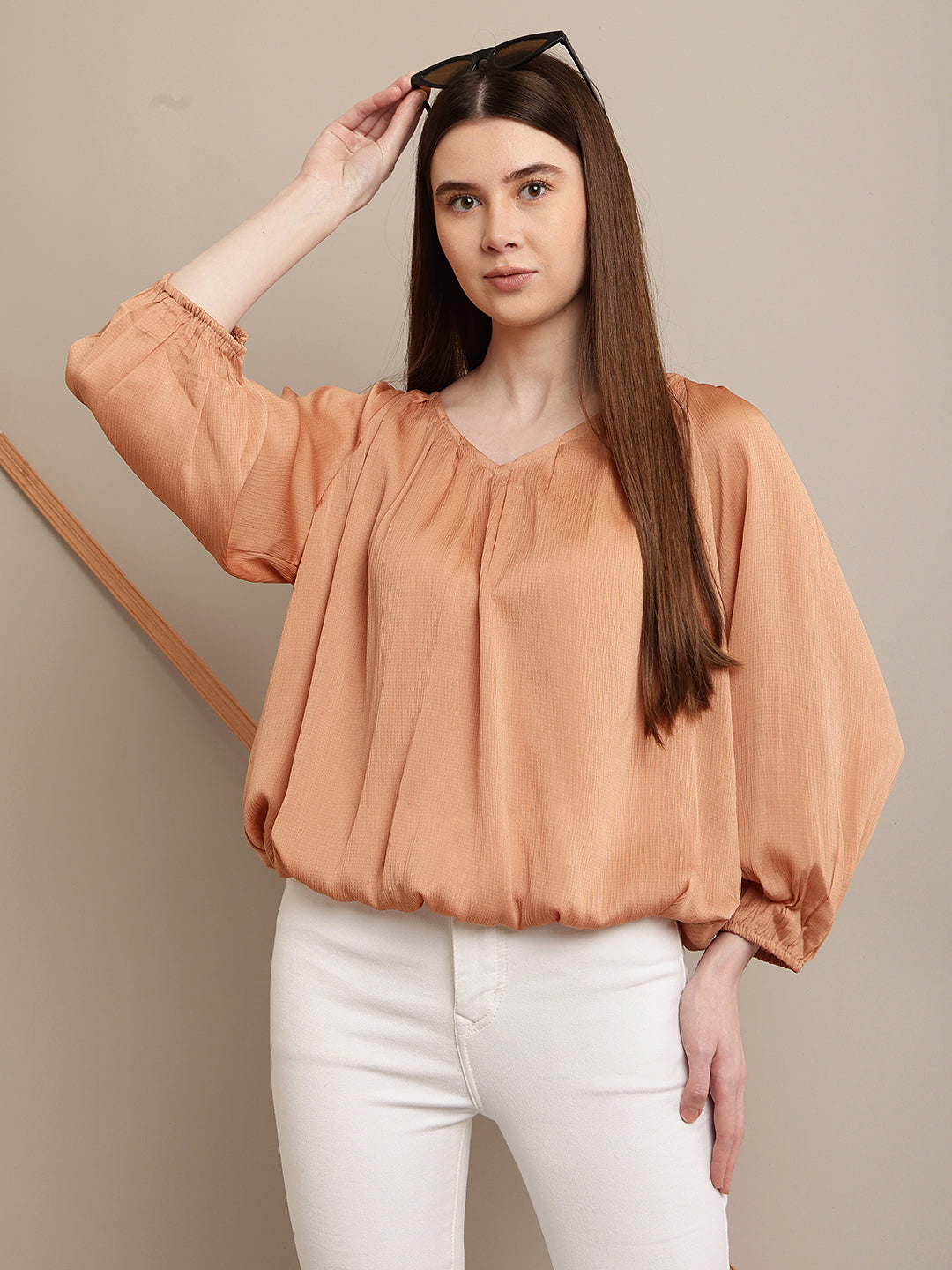 Polyester Round Neck with Lantern Sleeve Orange Top