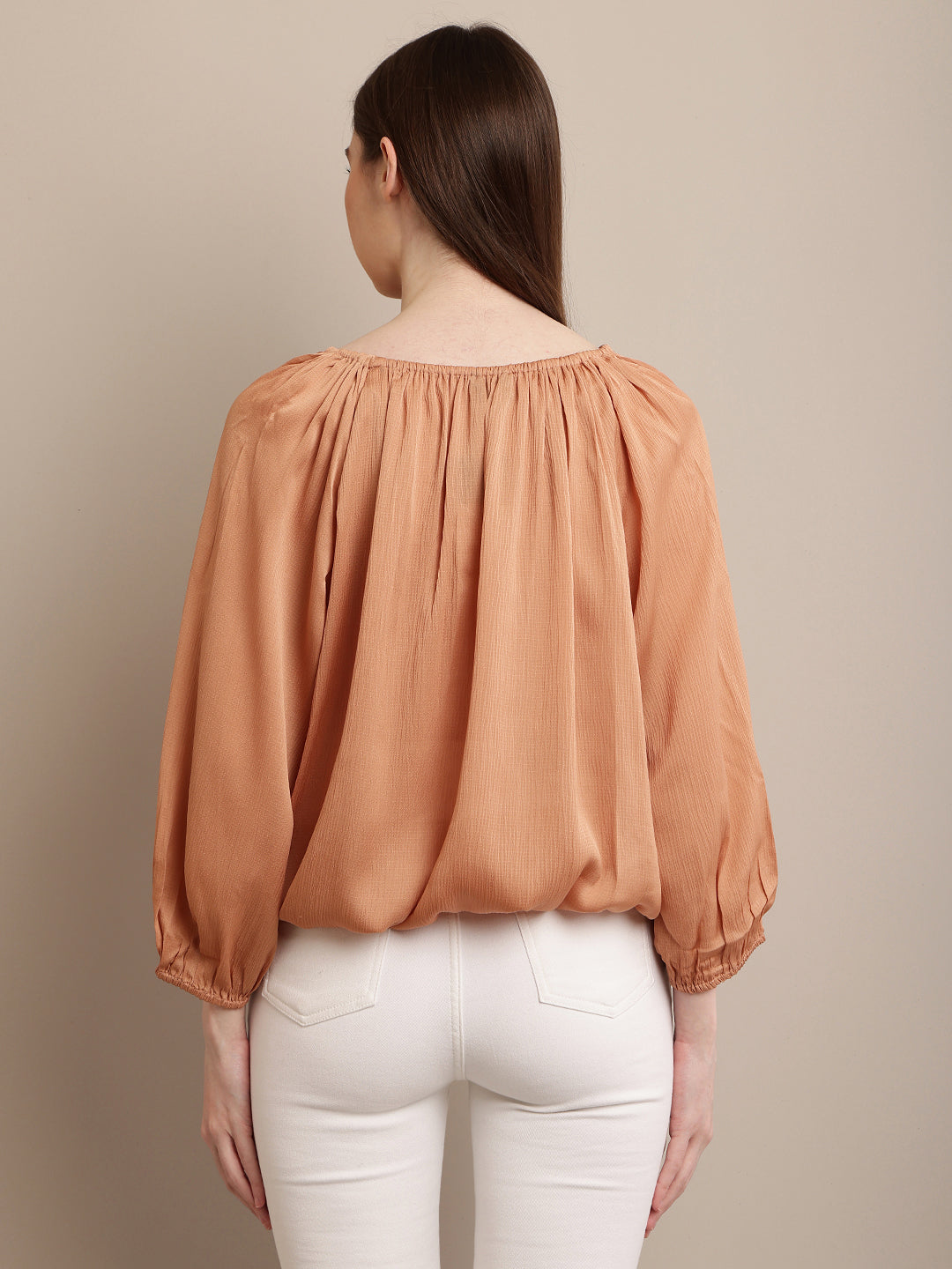 Polyester Round Neck with Lantern Sleeve Orange Top