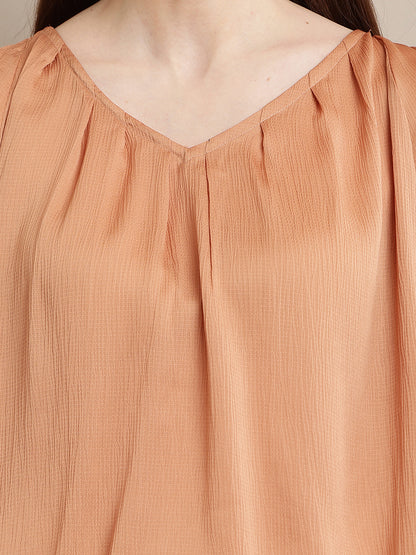 Polyester Round Neck with Lantern Sleeve Orange Top