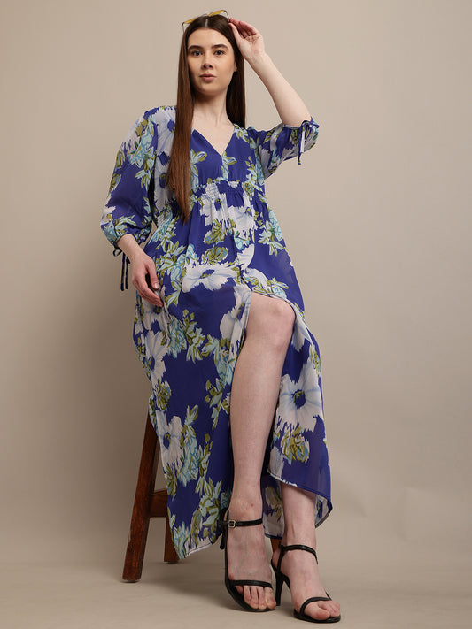 Polyester V-neck with Full Sleeve Flower Printed Blue Dress