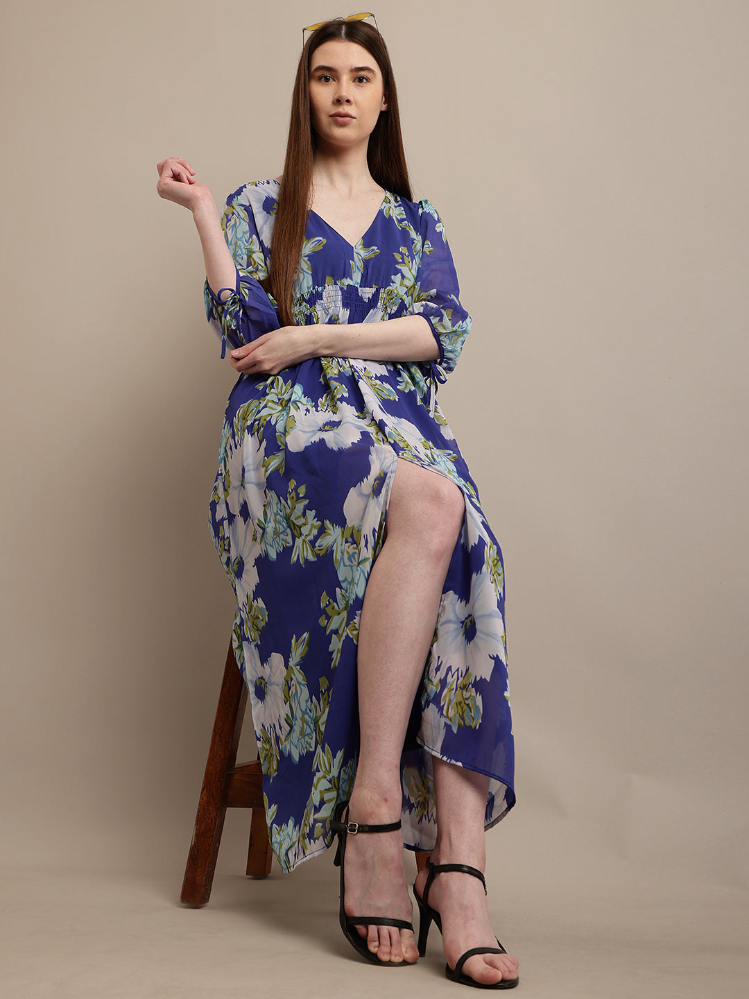 Polyester V-neck with Full Sleeve Flower Printed Blue Dress