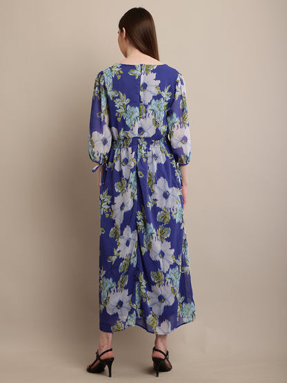 Polyester V-neck with Full Sleeve Flower Printed Blue Dress