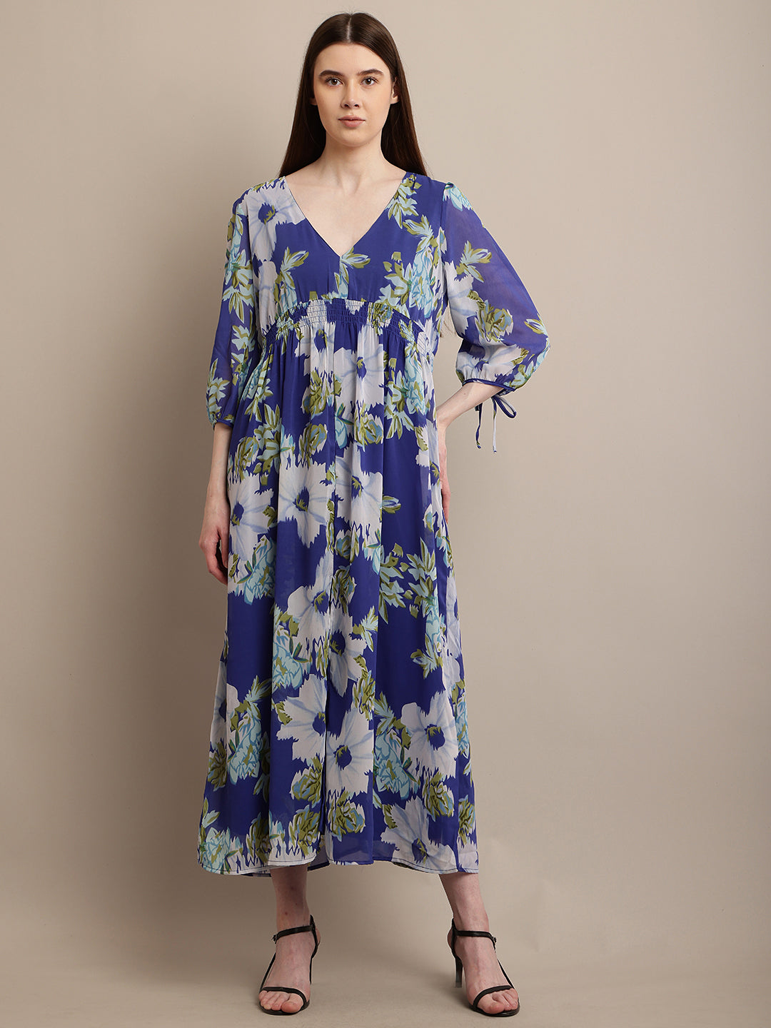 Polyester V-neck with Full Sleeve Flower Printed Blue Dress