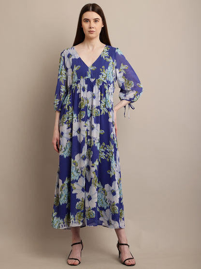 Polyester V-neck with Full Sleeve Flower Printed Blue Dress