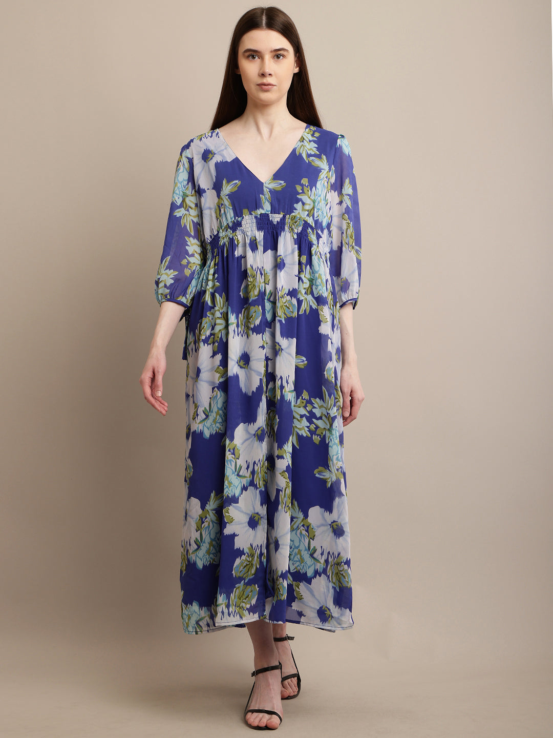 Polyester V-neck with Full Sleeve Flower Printed Blue Dress