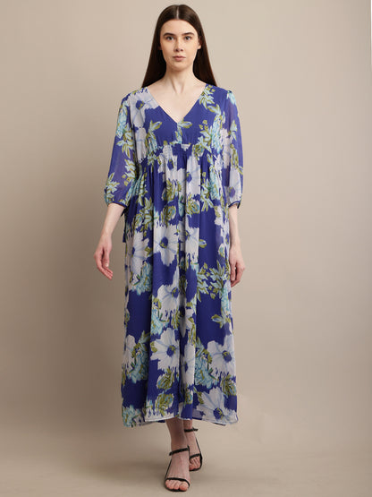 Polyester V-neck with Full Sleeve Flower Printed Blue Dress