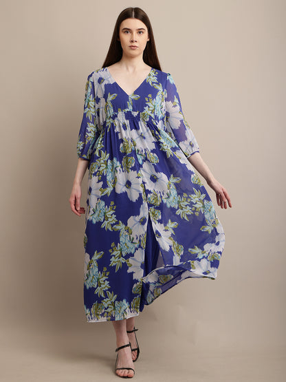 Polyester V-neck with Full Sleeve Flower Printed Blue Dress